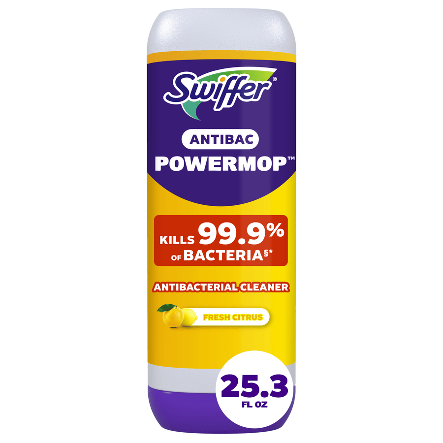 Front-facing Swiffer Antibac PowerMop refill bottle with lemon graphic and 25.3 fl oz callout