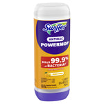 Tilted Swiffer Antibac PowerMop refill bottle with purple and yellow label and lemon icon for fresh citrus scent