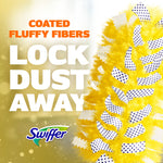 Close-up graphic of yellow Swiffer duster fibers with text ‘LOCK DUST AWAY’ and Swiffer logo