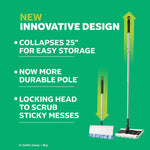 Green infographic showing collapsible pole, locking head and two tool configurations