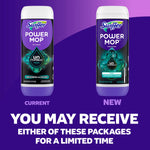 Graphic comparing current and new Swiffer Power Mop packaging with note you may receive either