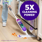 Swiffer Power Mop device being used to clean a kitchen floor with a 5X cleaning power callout