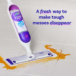 Swiffer Power Mop device mopping tiled floor with product text reading a fresh way to make tough messes disappear