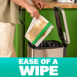 Photo of a person discarding a used Swiffer mop pad into a trash can with text reading Ease of a Wipe