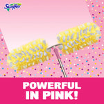 Close-up of dual yellow duster heads on a pink confetti background with bold text reading powerful in pink