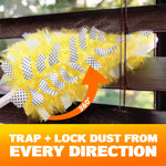 Swiffer yellow duster head cleaning blinds with a 360° arrow and text 'trap + lock dust from every direction'