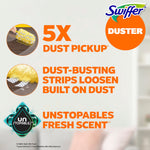 Informational graphic showing Swiffer Duster benefits: 5X dust pickup and Unstopables scent