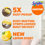Infographic panel showing 5X dust pickup, dust-busting strips, and lemon image for Swiffer Duster