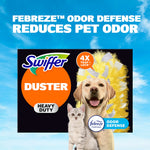 Swiffer Duster box front with dog and cat image and headline about Febreze odor defense over a sky background