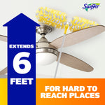Swiffer duster head on an extended pole cleaning a ceiling fan with a large blue arrow graphic reading 'Extends 6 Feet'.