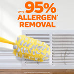 Swiffer duster head cleaning a vent with large text claiming up to 95% allergen removal and a yellow handle visible