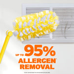 Swiffer yellow duster head cleaning a vent grille with bold text claiming up to 95% allergen removal