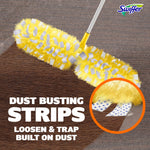 Swiffer duster on a pole sweeping dust on a wood surface with inset close-up showing dust-busting strips trapping debris.