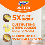 Informational panel for Swiffer Duster Heavy Duty listing features like '5X dust pickup' and dust busting strips with small product photos