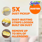 Informational panel with Swiffer logo and three benefit callouts about 5x dust pickup and allergen removal