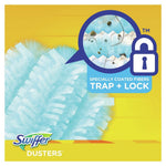 Close-up of blue Swiffer duster fibers with circular magnified inset and padlock icon labeled 'Trap + Lock'