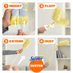 Four-step instructional collage showing how to insert, fluff, extend and dust using a Swiffer Duster refill