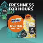 Promotional graphic showing the Swiffer Duster Heavy Duty package with 'Freshness for Hours' headline and product image.