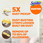 Promotional panel showing Swiffer Duster logo, icons and bold text '5X Dust Pickup' with small product images and benefits.