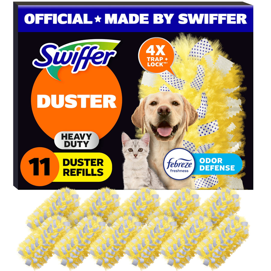 Boxed Swiffer Duster heavy duty refill package with dog and cat image and several yellow duster heads