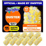 Front-facing product packaging showing Swiffer Duster heavy-duty refill box with yellow refill heads pictured