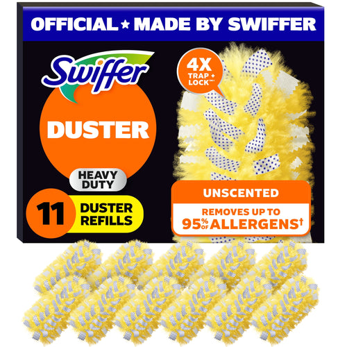 Front-facing product packaging showing Swiffer Duster heavy-duty refill box with yellow refill heads pictured