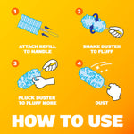 Illustrated four-step instructions showing how to attach and fluff a Swiffer duster refill and use it to dust.