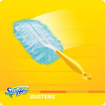 Illustrated Swiffer duster with yellow handle and blue refill on a yellow gradient background with brand logo