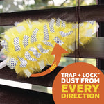 Yellow Swiffer duster head trapped in window blinds with graphic arrow and text highlighting 360° trap and lock dust from every direction