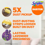 Swiffer infographic panel stating 5X dust pickup with closeups of yellow duster and lavender image