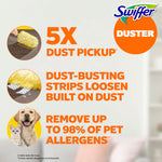 Informational graphic showing Swiffer Duster logo, 5x dust pickup claim and pet allergen removal messaging
