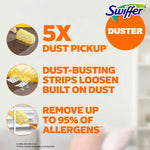 Infographic panel showing Swiffer Duster benefits with three circular images and bold orange text about dust pickup