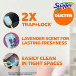 Informational panel with Swiffer logo and icons highlighting '2X trap+lock', lavender scent, and cleaning in tight spaces.