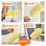 Four-step pictorial instructions showing how to insert, fluff, pluck, and dust with a Swiffer Duster refill
