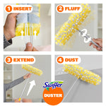 Four-step instructional collage demonstrating insert, fluff, extend and dust steps for using a Swiffer duster and pole.