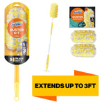 Swiffer Duster kit with yellow handle, packaged refill head, extension pole and graphic stating extends up to 3 ft