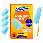 Front-facing Swiffer Duster Kit box with blue refill head and yellow handle shown, bright orange packaging