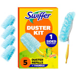 Swiffer Duster Kit retail box showing blue refill heads, handle and Gain branding on bright yellow packaging.