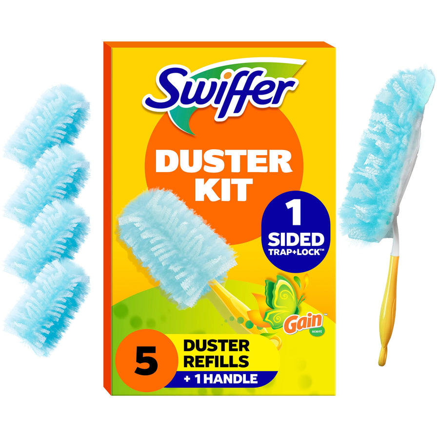 Swiffer Duster Kit retail box showing blue refill heads, handle and Gain branding on bright yellow packaging.