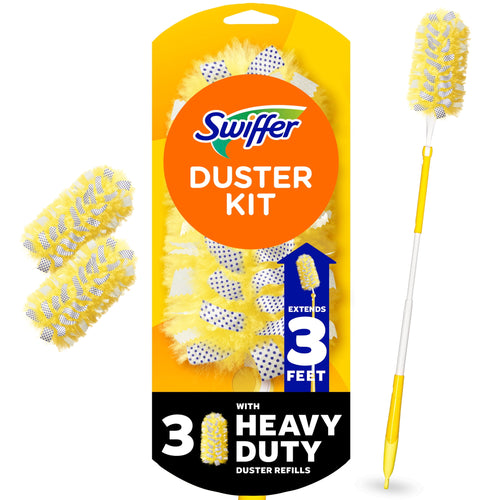 Packaged Swiffer Duster Kit with yellow fluffy refill heads, large orange logo and an extendable white-and-yellow handle shown