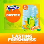 Bright Swiffer Duster panel showing blue refill head, Swiffer logo and Gain butterfly graphic with 'Lasting Freshness'.
