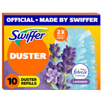 Front-facing Swiffer Duster refill box showing lavender imagery, Febreze freshness badge and '10 duster refills' callout.