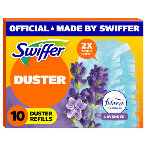Front-facing Swiffer Duster refill box showing lavender imagery, Febreze freshness badge and '10 duster refills' callout.