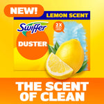 Promotional graphic showing Swiffer Duster lemon scent packaging and a lemon with bold tagline about scent of clean