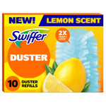 Bright product box showing Swiffer Duster lemon-scent packaging with a lemon and blue duster image
