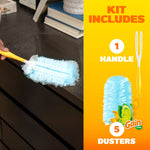 Lifestyle shot of a hand using a Swiffer duster on a dark dresser surface with panel listing kit includes 1 handle and 5 dusters.
