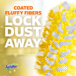 Close-up of a yellow Swiffer duster head with dotted dust-busting strips and bold text 'Lock Dust Away'.