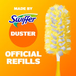 Swiffer Duster product shot on orange background with handle and yellow duster head and official refills text