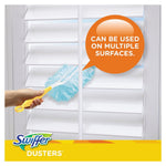 Hand using a blue Swiffer duster on white window blinds with callout saying can be used on multiple surfaces
