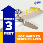 Swiffer duster head on a ceiling fan blade with large blue arrow graphic stating extends 3 feet